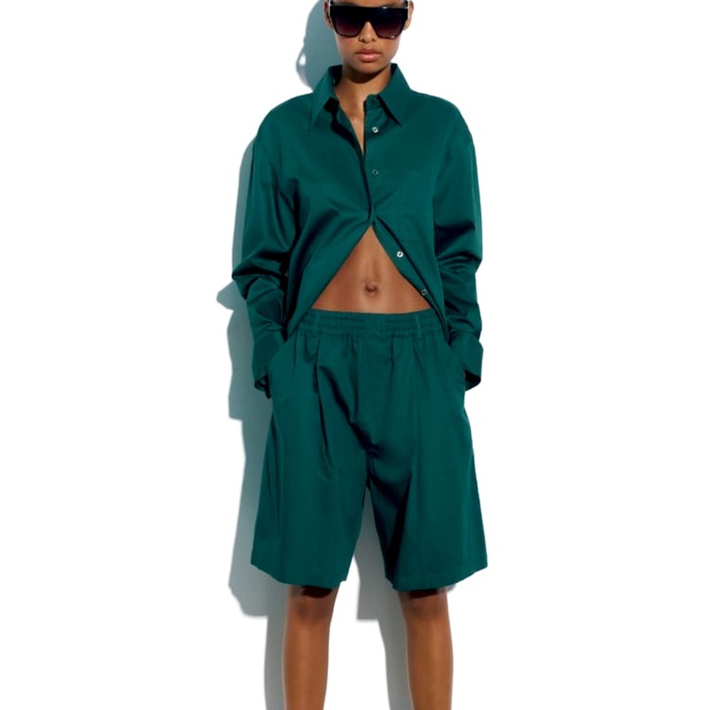 NWT ZARA coord matching set Green POPLIN CULOTTES & ASYMMETRIC SHIRT S XL